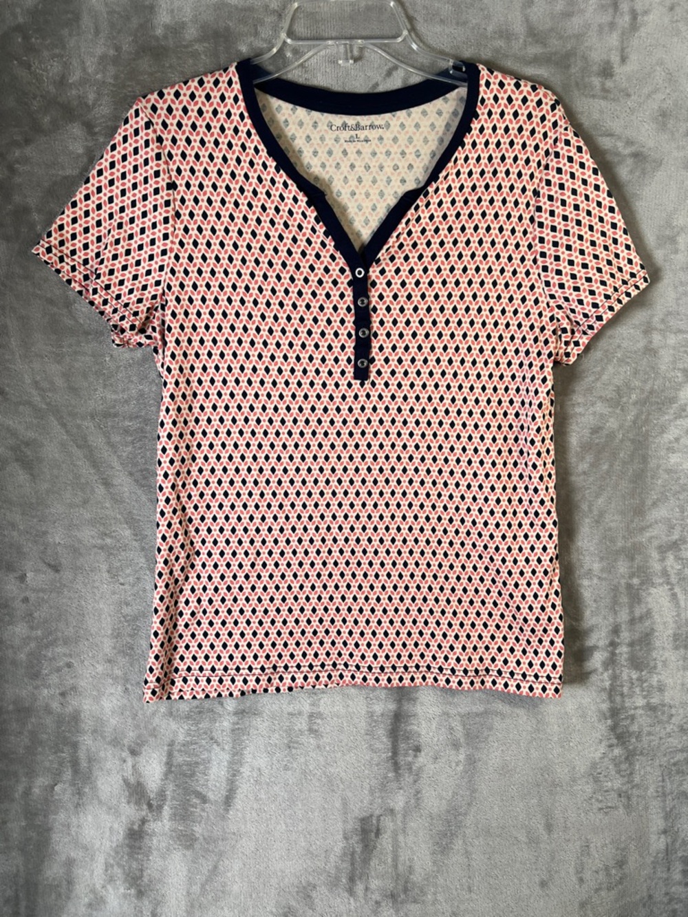 croft & barrow Pink Geometric Henley with Navy Trim